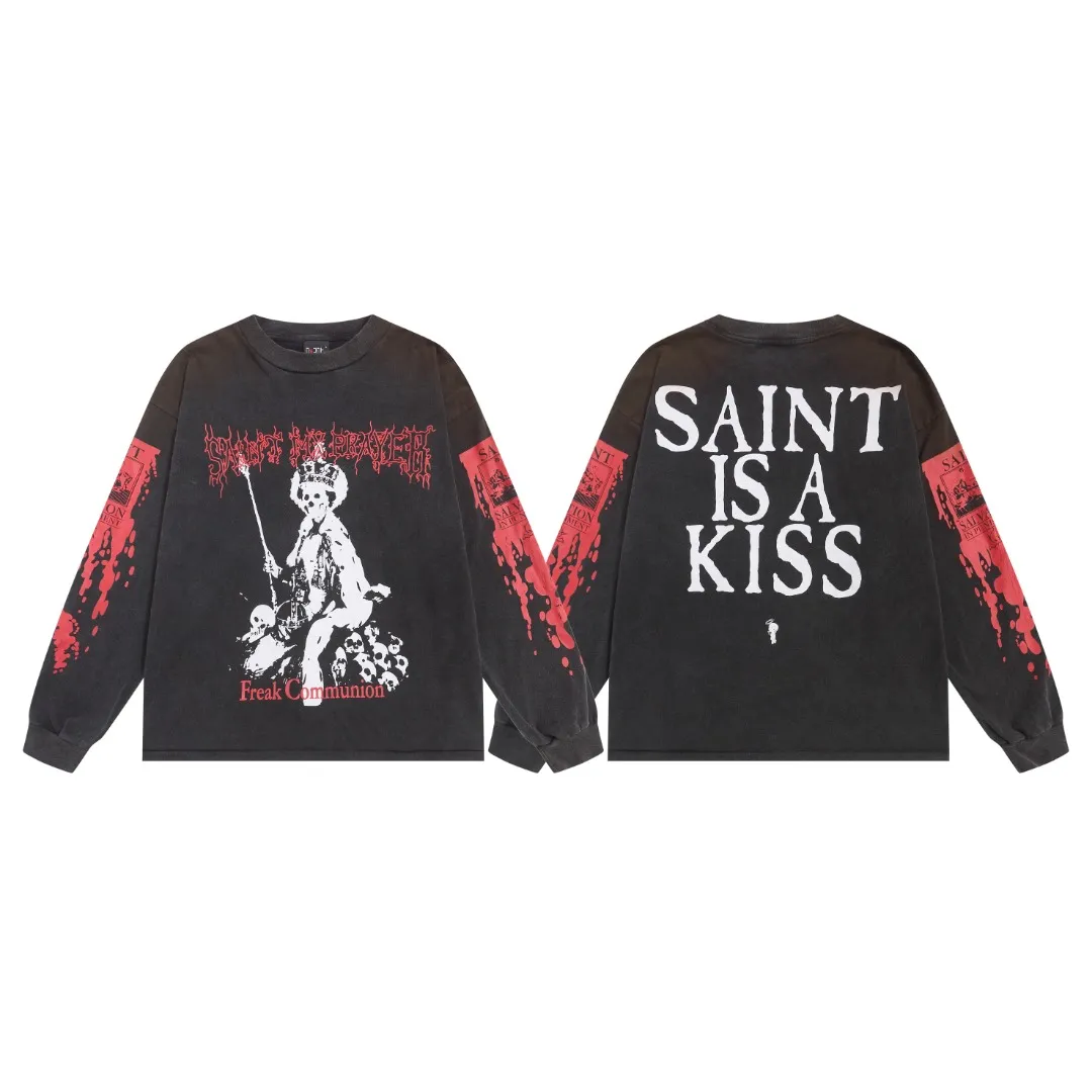 SAINT MICHAEL Retro Skull Throne Print Washed Distressed Bottoming Shirt Casual Loose Long Sleeve T-shirt Fabric: 260g Style Number: SM656 Size: S-M-L-XL Color: Black Price: P156